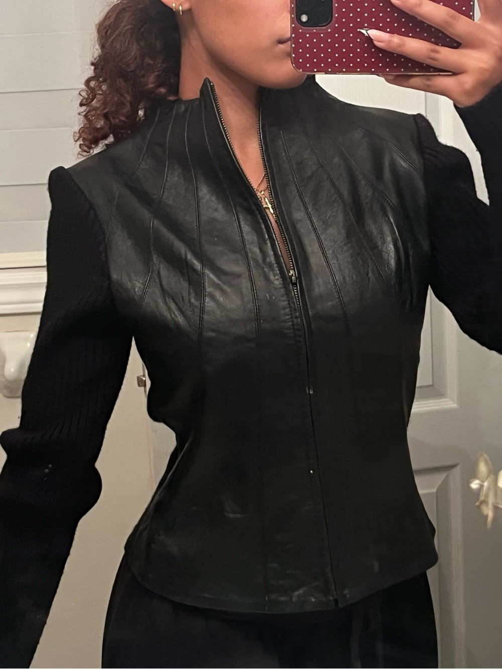 Urban Behavior Black Leather-Front Jacket with Knit Sleeves & Back
